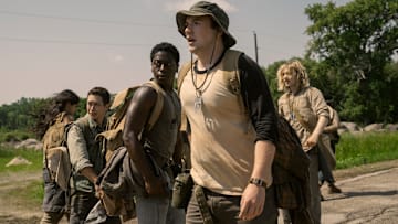 Joshua Odjick as Parker, Jordan Gonzalez as Harkness, David Jonsson as McVries, Cooper Hoffman as Garraty, and Charlie Plummer as Barkovitch in The Long Walk. Photo Credit: Murray Close/Lionsgate