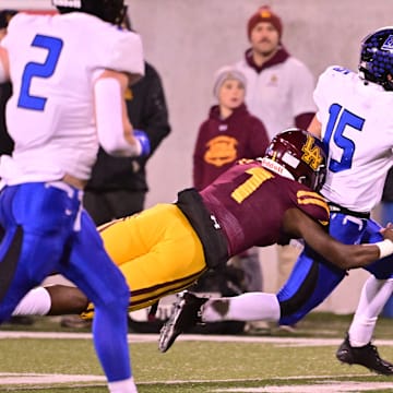 Loyola Academy safety Donovan Robinson makes a tackle in the 2023 Illinois high school football Class 8A championship game.