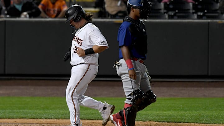 Shorebirds' Creed Willems (35) crosses home to score against the Cannon Ballers Tuesday, April 11, 2023, at Perdue Stadium in Salisbury, Maryland. The Shorebirds defeated the Cannon Ballers 7-2.