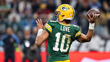 Green Bay Packers quarterback Jordan Love passes against the Philadelphia Eagles in the first NFL game in Brazil