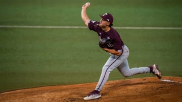 Texas A&M pitcher Chris Cortez (10) pitches in the first inning of the Aggies' game against the Texas Longhorns at the UFCU Disch-Falk Field in Austin, Tuesday, March 5, 2024.