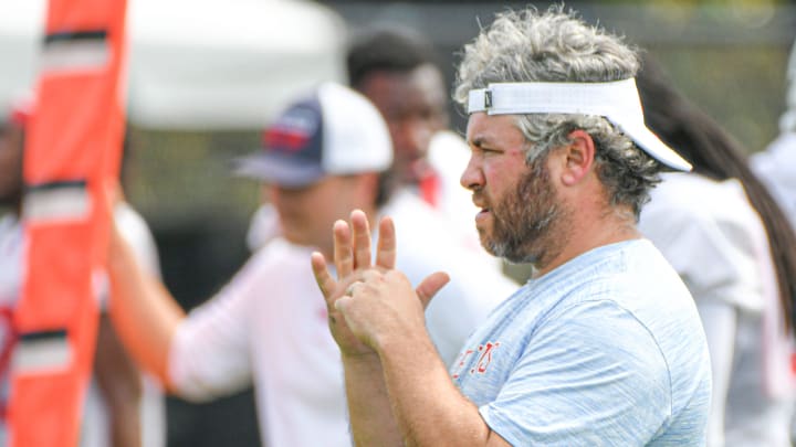 Ole Miss defensive coordinator Pete Golding signals during football practice in Oxford, Miss. on Friday, Aug. 11, 2023.