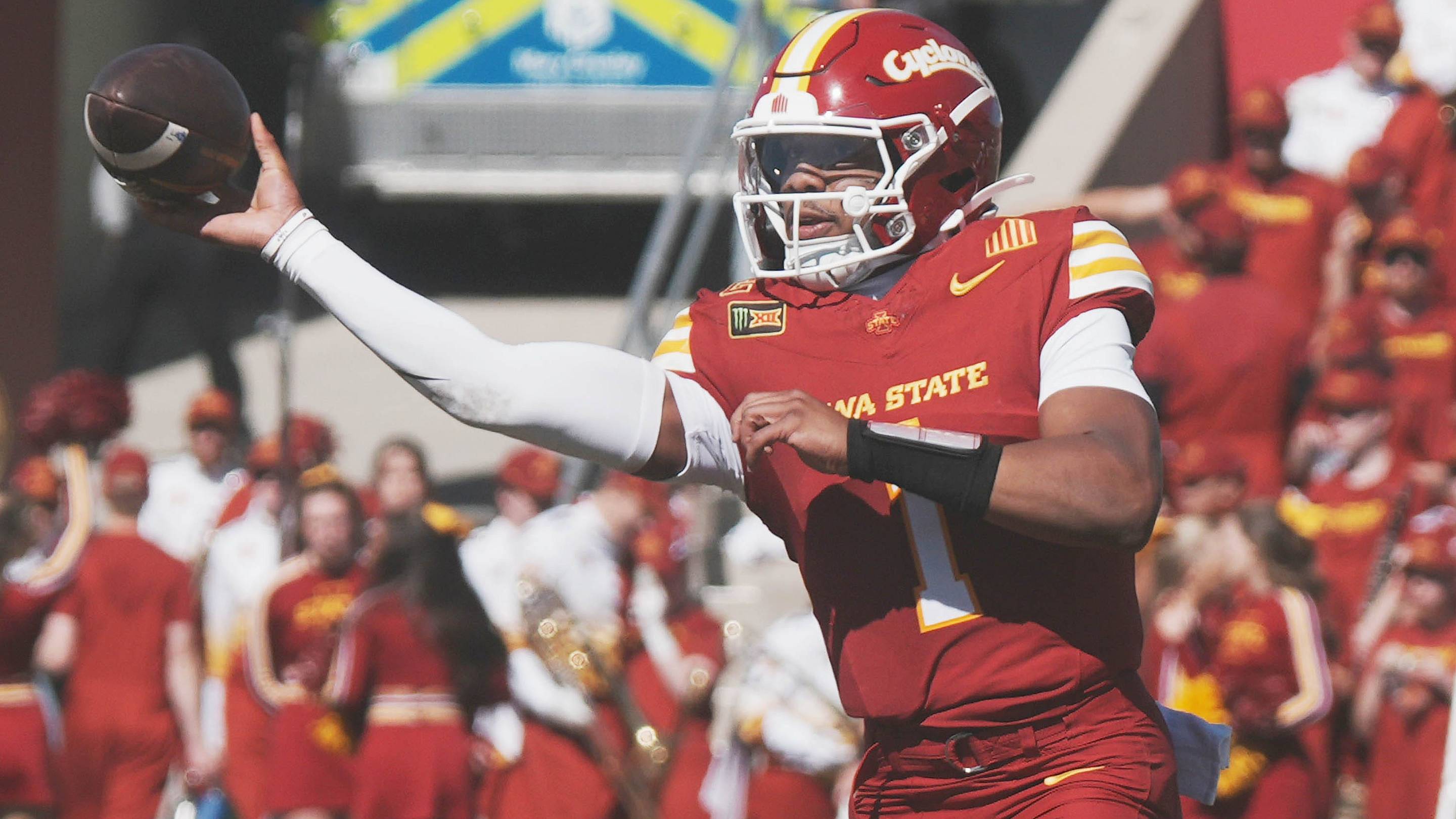 Iowa State quarterback Jaylen Raynor (1) passes the ball against West Virginia during the third quarter of a Big 12 Conference football game on Oct. 3, 2026, at Jack Trice Stadium in Ames, Iowa. | USA TODAY Network via Reuters Connect