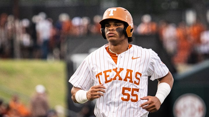Texas Longhorns outfielder Jonah Williams (55) runs in from the outfield in the fourth inning as the Longhorns play the Auburn Tigers in the second game of a three-game series on Friday night at UFCU Disch-Falk Field in Austin, April 18, 2025.
