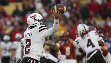 Texas Tech Red Raiders' quarterback Behren Morton (2) passes the ball against Iowa State during the third quarter in the week-10 NCAA football at Jack Trice Stadium on Saturday, Nov. 2, 2024, in Ames, Iowa.
