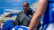 Kentucky associate head coach/tight end coach Vince Marrow worked his squad through drills during the Kentucky Wildcats' Blue White scrimmage at Kroger Field.