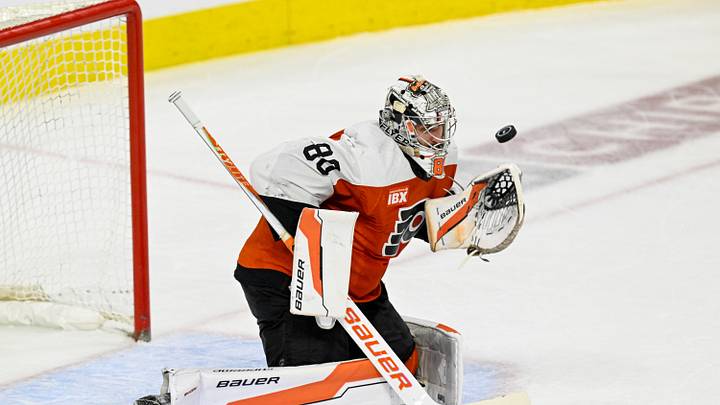 PHILADELPHIA , PA - MAY 09: Philadelphia Flyers goaltender Dan Vladar #80 makes a save during game four of the NHL Stanley Cup Playoffs Second Round between the Philadelphia Flyers and the Carolina Hurricanes on May 7th, 2026 at the Xfinity Mobile Arena in Philadelphia, PA. (Photo by Terence Lewis/Icon Sportswire via Getty Images)
