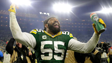 Green Bay Packers outside linebacker Za'Darius Smith (55) celebrates the Packers' victory over the Seattle Seahawks during their NFC divisional round playoff football game on Sunday, January 12, 2020, at Lambeau Field in Green Bay, Wis. Green Bay defeated Seattle 28-23.