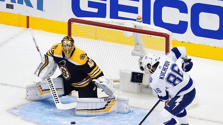 Aug 5, 2020; Toronto, Ontario, CANADA;  Tuukka Rask #40 of the Boston Bruins makes the first period save on Nikita Kucherov #86 of the Tampa Bay Lightning  in an Eastern Conference Round Robin game during the 2020 NHL Stanley Cup Playoff at Scotiabank Arena on August 5, 2020 in Toronto, Ontario, Canada. Mandatory Credit: Andre Ringuette via Imagn Images