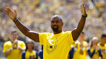 Sep 3, 2016; Ann Arbor, MI, USA; Michigan Wolverines former player Charles Woodson is introduced during the first half of the game against the Hawaii Warriors at Michigan Stadium. Mandatory Credit: Rick Osentoski-Imagn Images