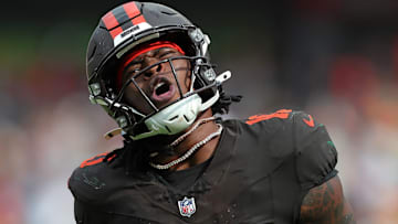 Cleveland Browns running back Quinshon Judkins (10) celebrates after his first career touchdown during the second half of an NFL football game against the Green Bay Packers at Huntington Bank Field, Sept. 21, 2025, in Cleveland, Ohio.