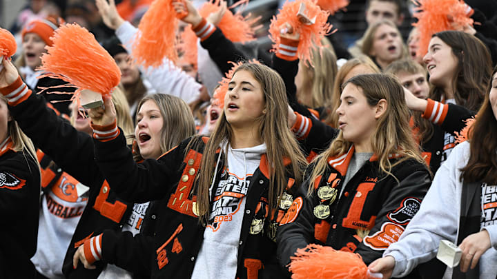 The Liberty Center student section cheers on their team during the 2023 Division V football state championship game.