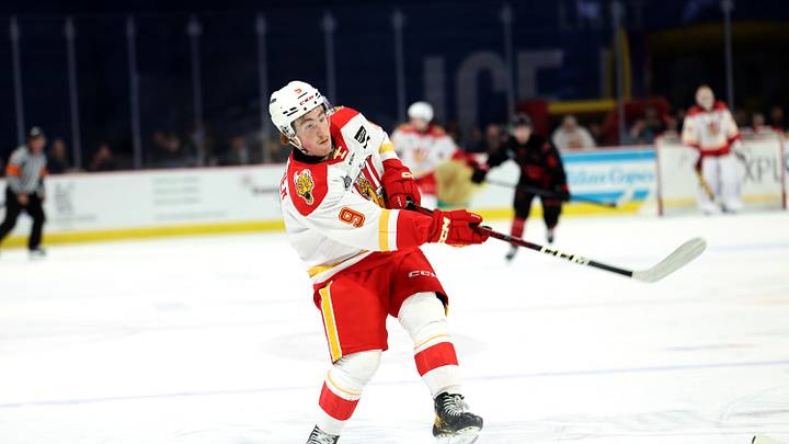 MONCTON, CANADA - NOVEMBER 10: Justin Poirier #9 of Baie-Comeau Drakkar shoots the puck against Moncton Wildcats during the third period at Avenir Centre on November 10, 2024 in Moncton, Canada. (Photo by Dale Preston/Getty Images)