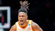Tennessee Volunteers guard Chaz Lanier (2) yells in celebration Friday, March 28, 2025, during the NCAA Tournament Sweet 16 game at Lucas Oil Stadium in Indianapolis.