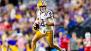 Tigers Quarterback Garrett Nussmeier 18, LSU Tigers take on the Louisiana Tech. Sept 6, 2025; Baton Rouge, Louisiana, USA; at Tiger Stadium.