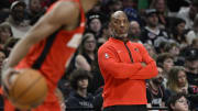 Apr 12, 2024; Portland, Oregon, USA; Portland Trail Blazers head coach Chauncey Billups watches play during the second half against the Houston Rockets at Moda Center. Mandatory Credit: Troy Wayrynen-USA TODAY Sports