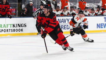 Feb 17, 2024; East Rutherford, New Jersey, USA; New Jersey Devils center Jack Hughes (86) skates