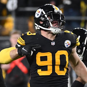 Dec 7, 2023; Pittsburgh, Pennsylvania, USA; Pittsburgh Steelers linebacker T.J. Watt (90) celebrates a tackle during the fourth quarter at Acrisure Stadium.