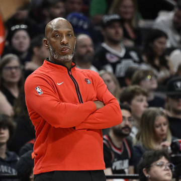 Apr 12, 2024; Portland, Oregon, USA; Portland Trail Blazers head coach Chauncey Billups watches play during the second half against the Houston Rockets at Moda Center. Mandatory Credit: Troy Wayrynen-USA TODAY Sports