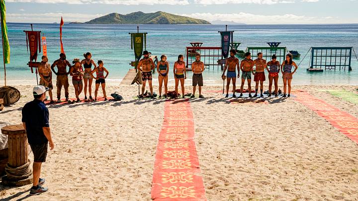 "Quick on the Draw" - Tony Vlachos, Jeremy Collins, Sandra Diaz-Twine, Kim Spradlin, Sandra Diaz-Twine, Ben Driebergen, Sophie Clarke, Sarah Lacina, Adam Klein, Wendell Holland, Yul Kwon, Nick Wilson, Michele Fitzgerald and Parvati Shallow on the Sixth episode of SURVIVOR: WINNERS AT WAR, airing Wednesday, March 18 (8:00-9:01 PM, ET/PT) on the CBS Television Network. Photo: Robert Voets/CBS Entertainment ©2020 CBS Broadcasting, Inc. All Rights Reserved