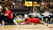 Arizona Wildcats women's volleyball outside hitter Jaelyn Hodge (11) slides for the ball at Mullett Arena in Tempe on Sept. 21, 2023.