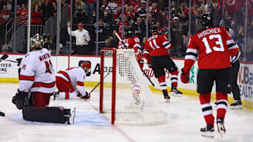 Nov 21, 2024; Newark, New Jersey, USA; New Jersey Devils right wing Stefan Noesen (11) celebrates his goal against the Carolina Hurricanes during the second period at Prudential Center. Mandatory Credit: Ed Mulholland-Imagn Images