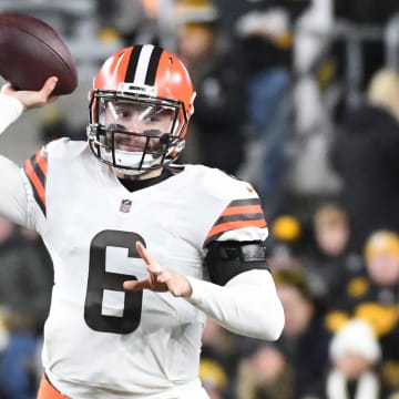 Jan 3, 2022; Pittsburgh, Pennsylvania, USA;  Cleveland Browns quarterback Baker Mayfield (6) throws a pass during the first quarter against the Pittsburgh Steelers at Heinz Field.