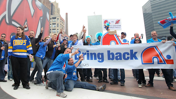 Apr 10; Newark, NJ, USA; Fans of the former NHL franchise, the Quebec Nordiques rally outside the Prudential Center before the game between the New Jersey Devils and the Boston Bruins. Mandatory Credit: Ed Mulholland-Imagn Images
