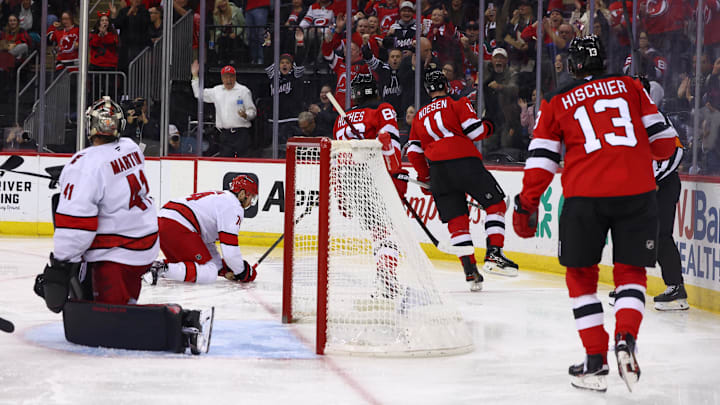 Nov 21, 2024; Newark, New Jersey, USA; New Jersey Devils right wing Stefan Noesen (11) celebrates his goal against the Carolina Hurricanes during the second period at Prudential Center. Mandatory Credit: Ed Mulholland-Imagn Images