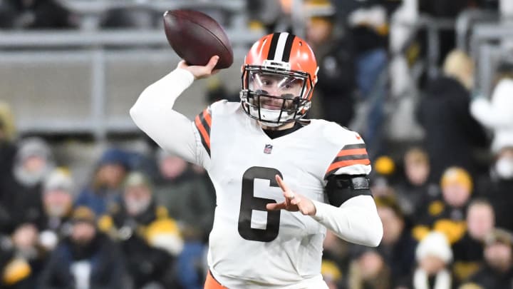 Jan 3, 2022; Pittsburgh, Pennsylvania, USA;  Cleveland Browns quarterback Baker Mayfield (6) throws a pass during the first quarter against the Pittsburgh Steelers at Heinz Field.