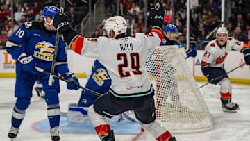 Coachella Valley forward Lleyton Roed celebrates a goal to give the Firebirds a 2-1 lead during the second period of their game at Acrisure Arena in Palm Desert, Calif., Tuesday, Dec. 31, 2024.