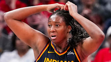 Indiana Fever forward Aliyah Boston (7) reacts to a call Tuesday, May 20, 2025, during a game between the Indiana Fever and the Atlanta Dream at Gainbridge Fieldhouse in Indianapolis.