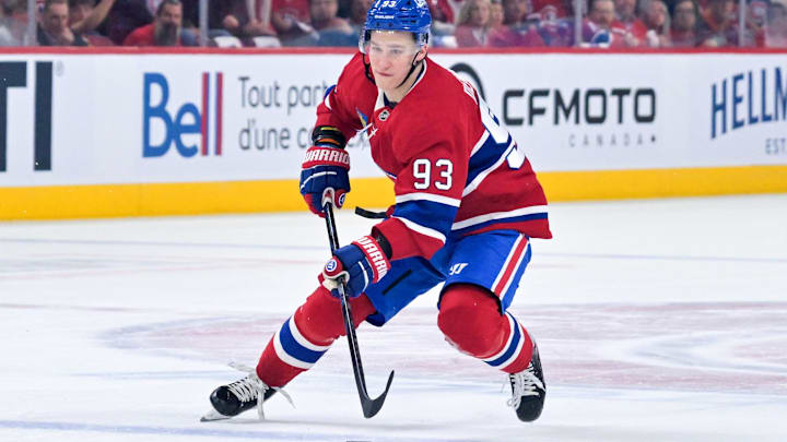 May 12, 2026; Montreal, Quebec, CAN; Montreal Canadiens forward Ivan Demidov (93) plays the puck against the Buffalo Sabres during the first period in game four of the second round of the 2026 Stanley Cup Playoffs at Bell Centre. Mandatory Credit: Eric Bolte-Imagn Images