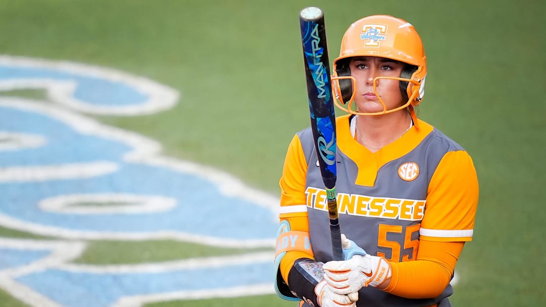 Tennessee's Gabby Leach (55) prepares to bat during a college softball game between Tennessee and Kennesaw State at Sherri Parker Lee Stadium in Knoxville on April 8, 2026.