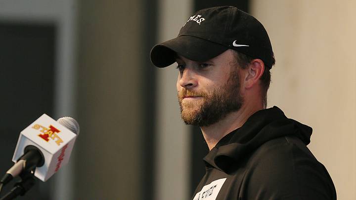 Iowa State offensive coordinator Taylor Mouser talks to media during the university’s football media availability at Stark Performance Center on Wednesday, Aug. 21, 2024, in Ames, Iowa.