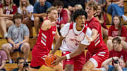 Indiana's Sam Alexis (4) looks to pass during the Cream and Crimson scrimmage at Simon Skjodt Assembly Hall on Friday, Oct. 3, 2025.