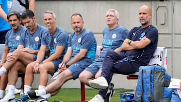 Aug 3, 2024; Columbus, OH, USA; Manchester City head coach Pep Guardiola watches his team against Chelsea in the FC Series game at Ohio Stadium.