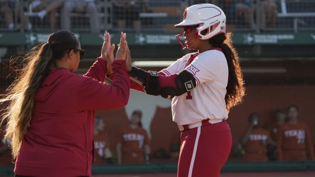 Oklahoma first baseman Cydney Sanders went 0-for-6 against Texas, drawing a pair of walks. 