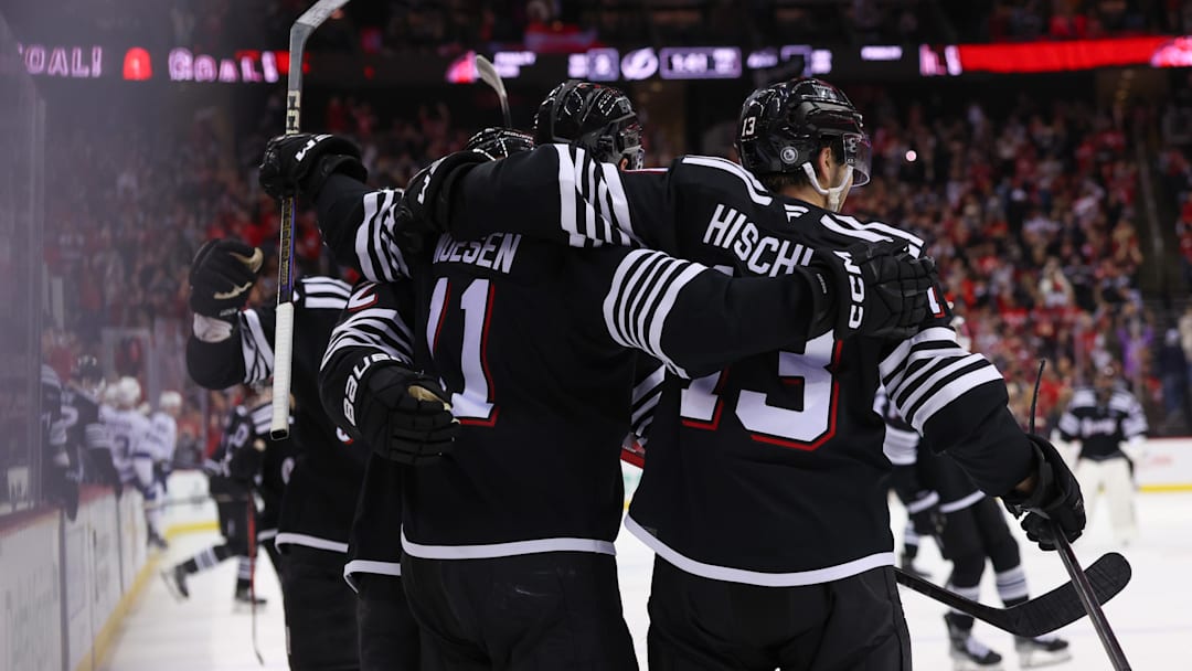 Jan 11, 2025; Newark, New Jersey, USA; New Jersey Devils right wing Stefan Noesen (11) celebrates after scoring the game winning goal against the Tampa Bay Lightning during overtime at Prudential Center. Mandatory Credit: Ed Mulholland-Imagn Images