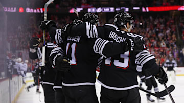 Jan 11, 2025; Newark, New Jersey, USA; New Jersey Devils right wing Stefan Noesen (11) celebrates after scoring the game winning goal against the Tampa Bay Lightning during overtime at Prudential Center. Mandatory Credit: Ed Mulholland-Imagn Images