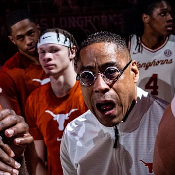 Texas Longhorns head coach Rodney Terry coaches his team ahead of the Longhorns' game against the Sooners at the Moody Center in Austin, March 8, 2025.