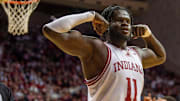 Indiana's Oumar Ballo (11) flexes during the Indiana versus University of Southern California men's basketball game at Simon Skjodt Assembly Hall on Wednesday, Jan. 8, 2025.