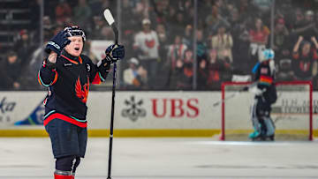 Coachella Valley defenseman Ty Nelson celebrates a goal during the first period of Game 2 of the Pacific Division semifinals at Acrisure Arena in Palm Desert, Calif., Saturday, May 3, 2025.