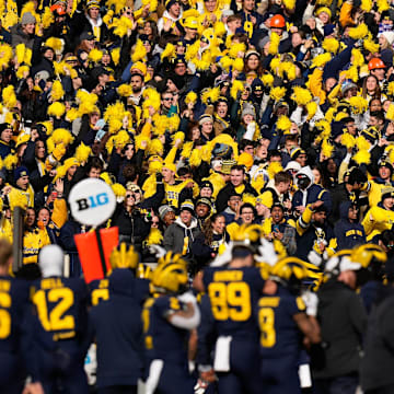 Nov 25, 2023; Ann Arbor, Michigan, USA; Michigan Wolverines fans cheer during the NCAA football game against the Ohio State Buckeyes at Michigan Stadium. Ohio State lost 30-24.