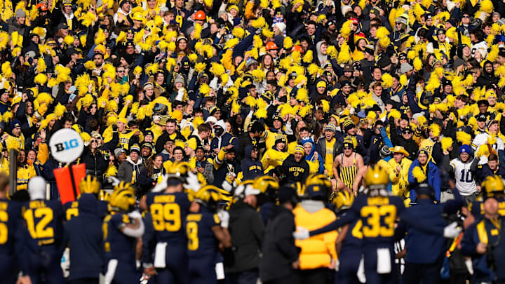 Nov 25, 2023; Ann Arbor, Michigan, USA; Michigan Wolverines fans cheer during the NCAA football game against the Ohio State Buckeyes at Michigan Stadium. Ohio State lost 30-24.