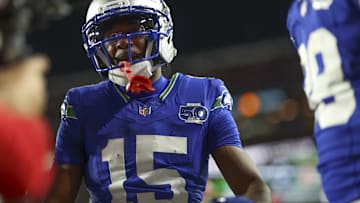 Nov 2, 2025; Landover, Maryland, USA; Seattle Seahawks wide receiver Tory Horton (15) between plays- against the Washington Commanders during the first quarter at Northwest Stadium.