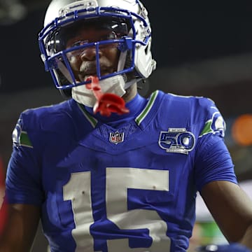 Nov 2, 2025; Landover, Maryland, USA; Seattle Seahawks wide receiver Tory Horton (15) between plays- against the Washington Commanders during the first quarter at Northwest Stadium.