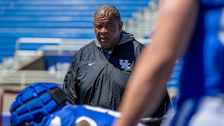 Kentucky associate head coach/tight end coach Vince Marrow worked his squad through drills during the Kentucky Wildcats' Blue White scrimmage at Kroger Field on Saturday afternoon in Lexington, Kentucky. April 13, 2024
