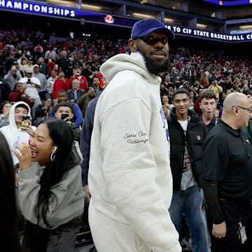 LeBron James arrives to the Golden 1 Center in Sacramento to watch son Bryce James and Sierra Canyon play in the CIF State Division 1 final.