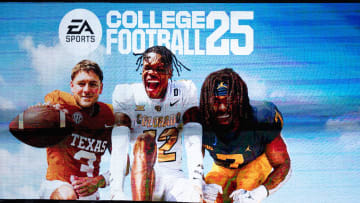 A commercial for the College Football 25 video game, featuring Texas Football quarterback Quinn Ewers plays during the fifth inning of the Longhorns' baseball game against the Kansas Jayhawks, Thursday, May 16, 2024 at UFCU Disch-Falk Field in Austin.